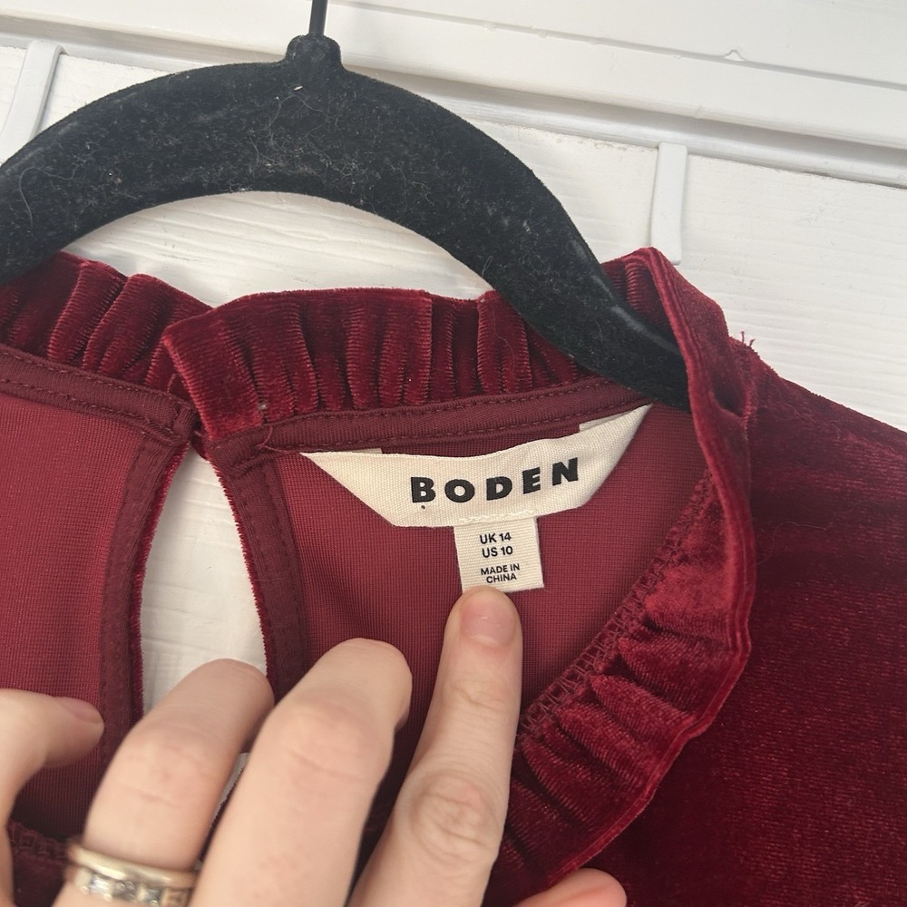 Boden Velvet Frill Trim Long Sleeve Top Red Women's US Size 10 Mockneck - Picture 3 of 6